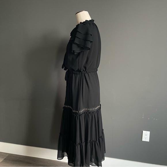 MISA Los Angeles Black Silk Chiffon Tiered Midi Dress Ruffle Grommet S - Picture 5 of 9